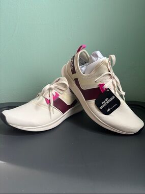 New Balance Women's Cream Sneakers with Burgundy & Hot Pink Accents - Sz 9.5